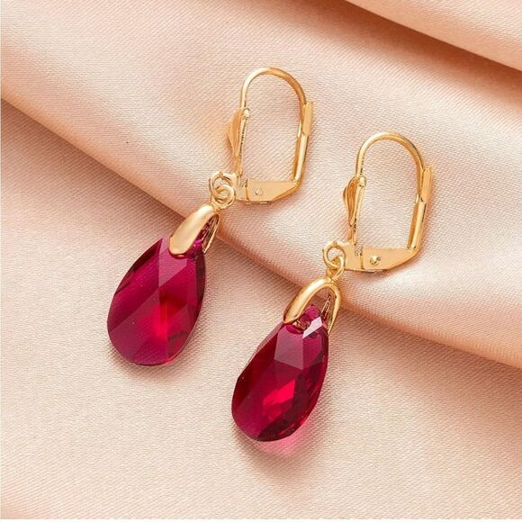 14K Yellow Gold with Fuchsia Pink Austrian Crystal Teardrop Leverback Earrings - Picture 2 of 7